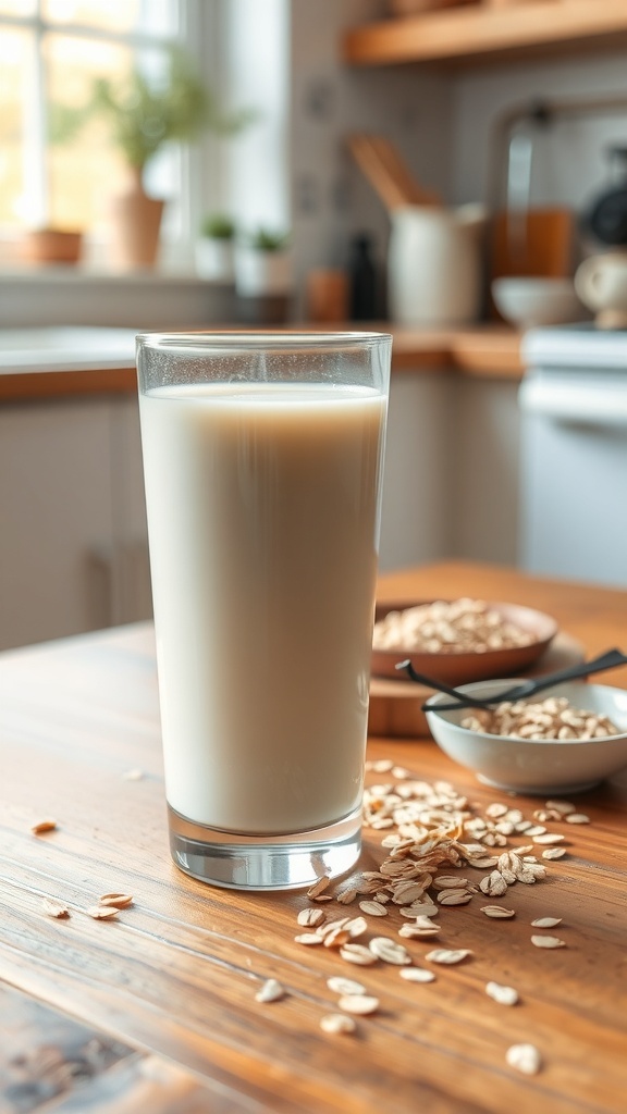 A glass of homemade oat milk with rolled oats and vanilla on a wooden table.